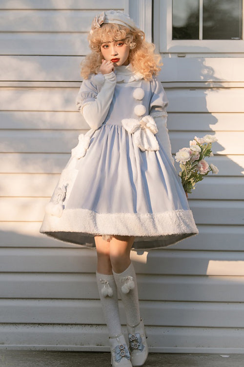 Azure Square Neck Short Sleeve Waist Bow Winter Star Sweet Lolita Gown