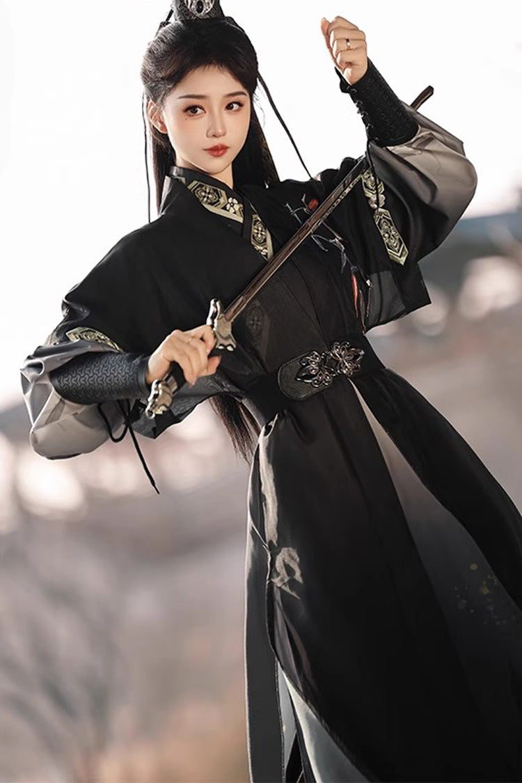 Vintage Hanfu Dress Set with Cross-Collar Gradient Embroidery & Knight Style