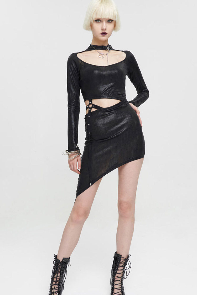Asymmetric Long Sleeve Gothic Gown with Rivet Cutout & Shimmering Black Knit