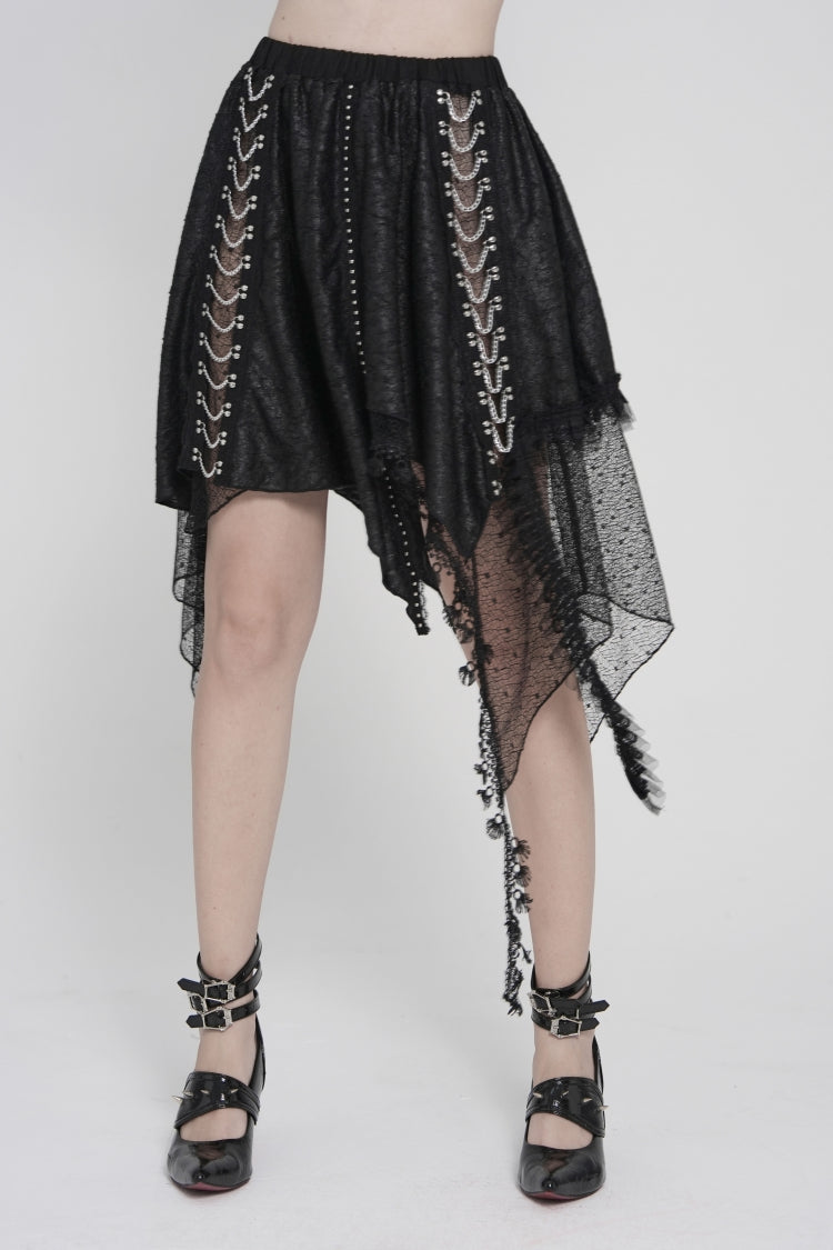 Punk Streamer Skirt with Irregular Hem and Chain Accents