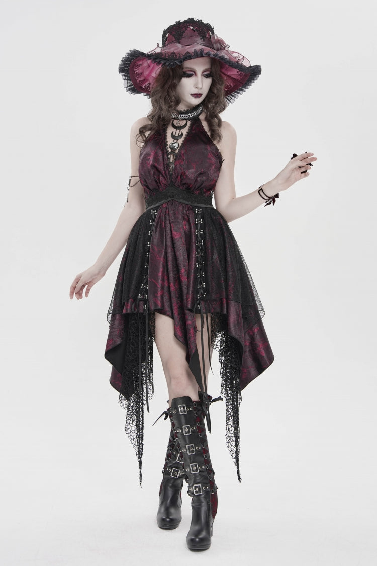 Crimson & Noir Strapless Layered Lace Tassel Gothic Dress with Print