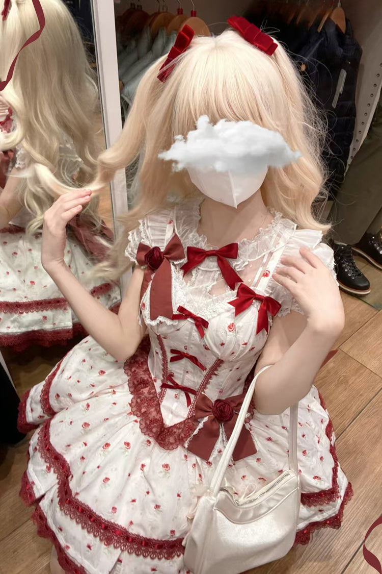 Burgundy First Love Rose Layered Print Ruffle Bow Lace Sweet Lolita JSK Dress Set