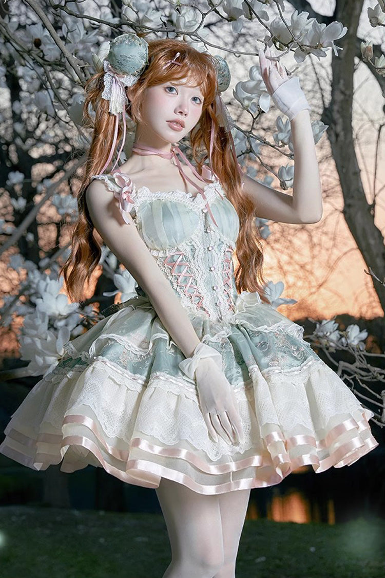 Emerald Waltz Multi-Layer Print Ruffle Bow Sweet Chinese Elegant Lolita Jumper