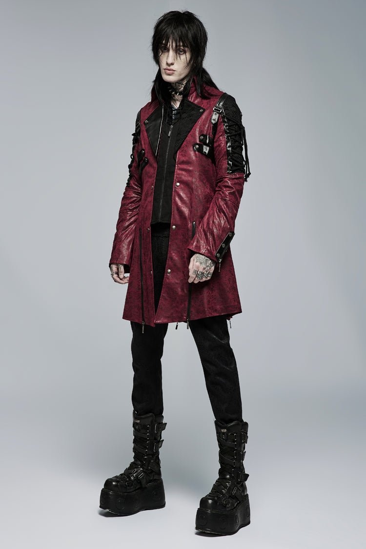 Crimson Steampunk Windbreaker with Metal Buckles and Zipper
