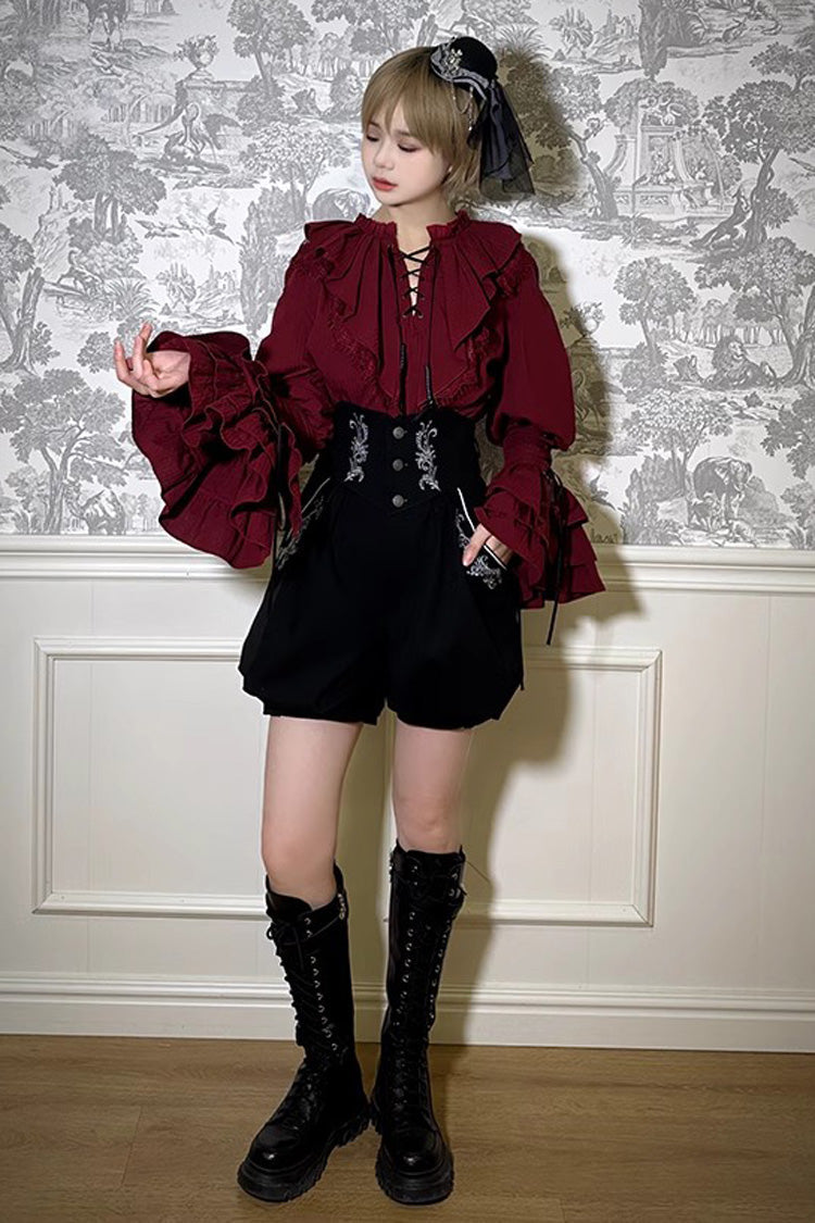 Burgundy Pirate Navigation Treasure Map V-Neck Long Hime Sleeve Ouji Lolita Blouse
