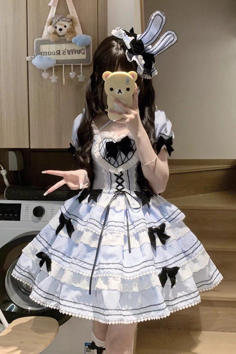 Sweet Lolita JSK with Striped Ruffle Bowknot and Lace-Up Front