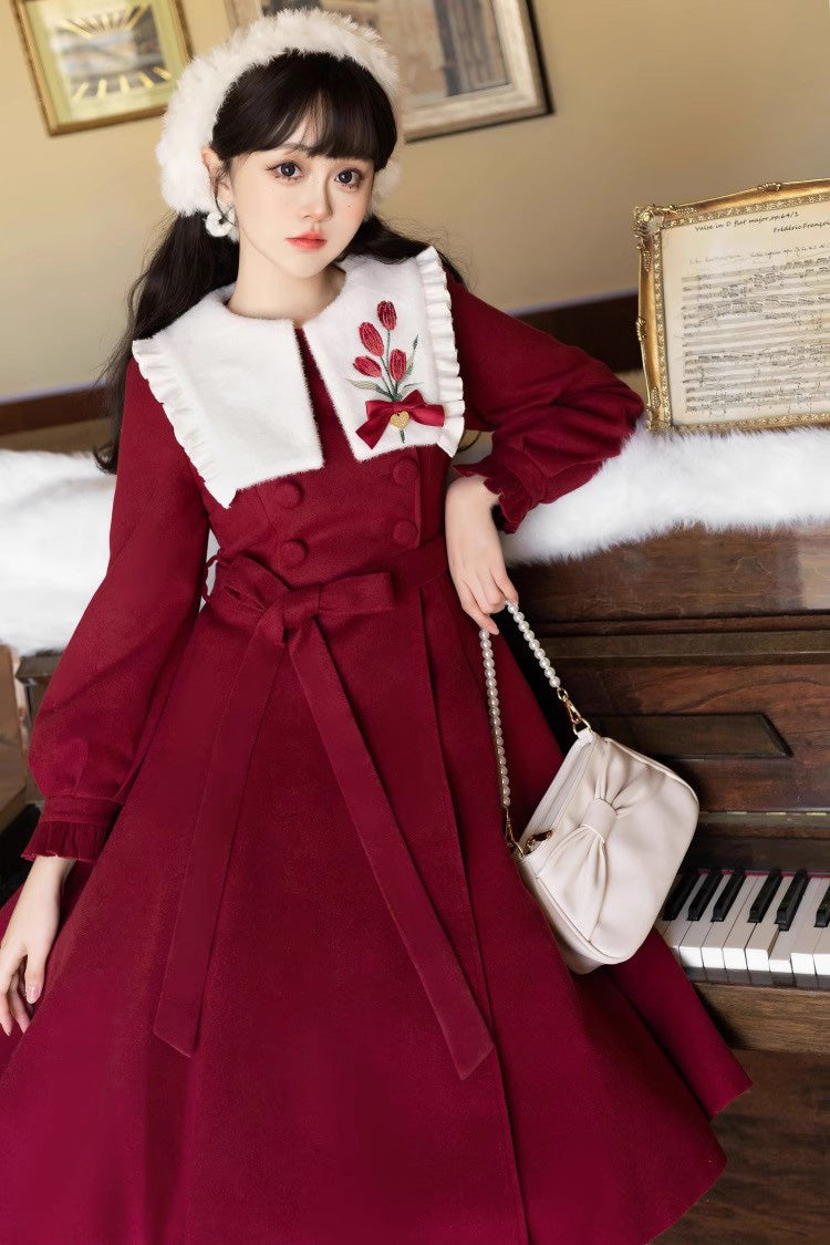 Slim Sweet Lolita Coat with Tulip Puff Sleeves and Embroidery