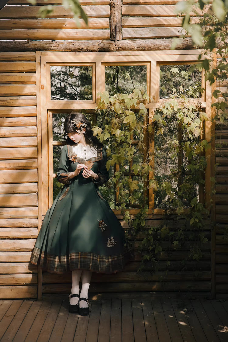 Emerald Autumn Chronicles Round Collar Long Sleeve Printed Embroidered Slim Sweet Lolita Gown