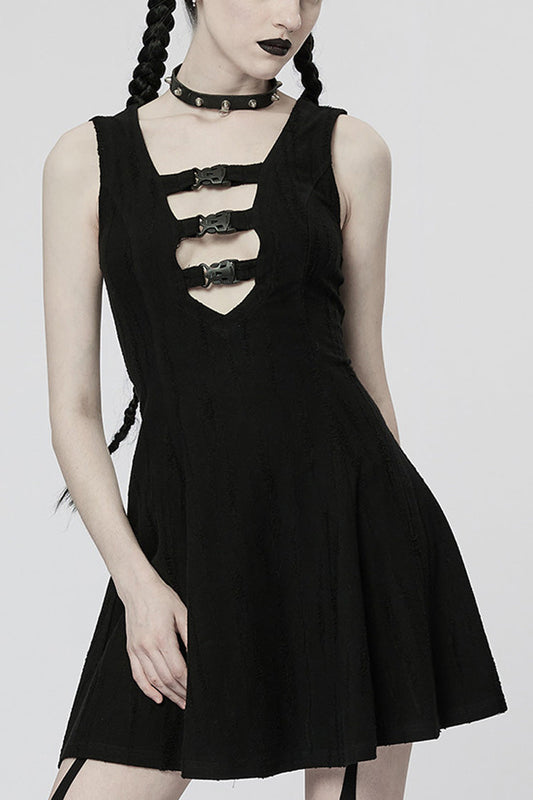 Steampunk Sleeveless Buckle Dress with V-Neckline