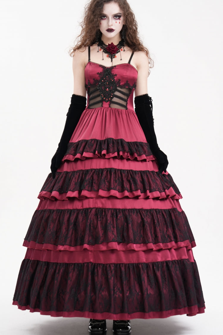 Crimson Gothic Dress with Multi-Tiered Ruffles and Lace-Up Mesh