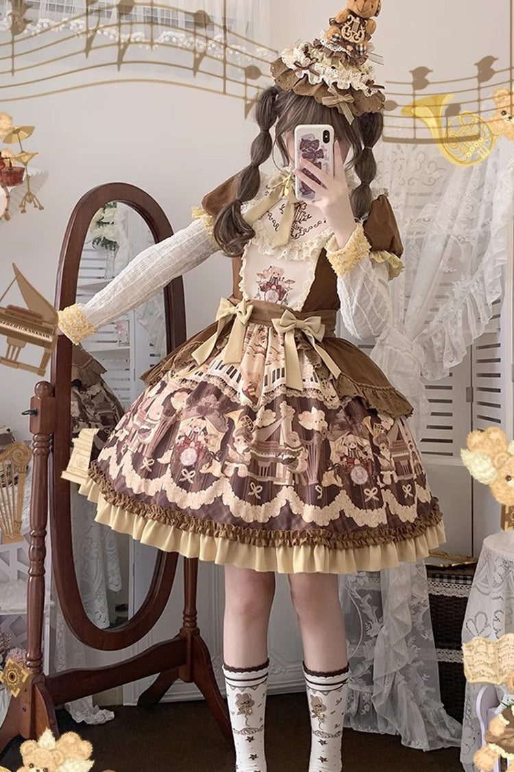 Chocolate Print Ruffle Bow Princess Dress - Little Bear Concerto