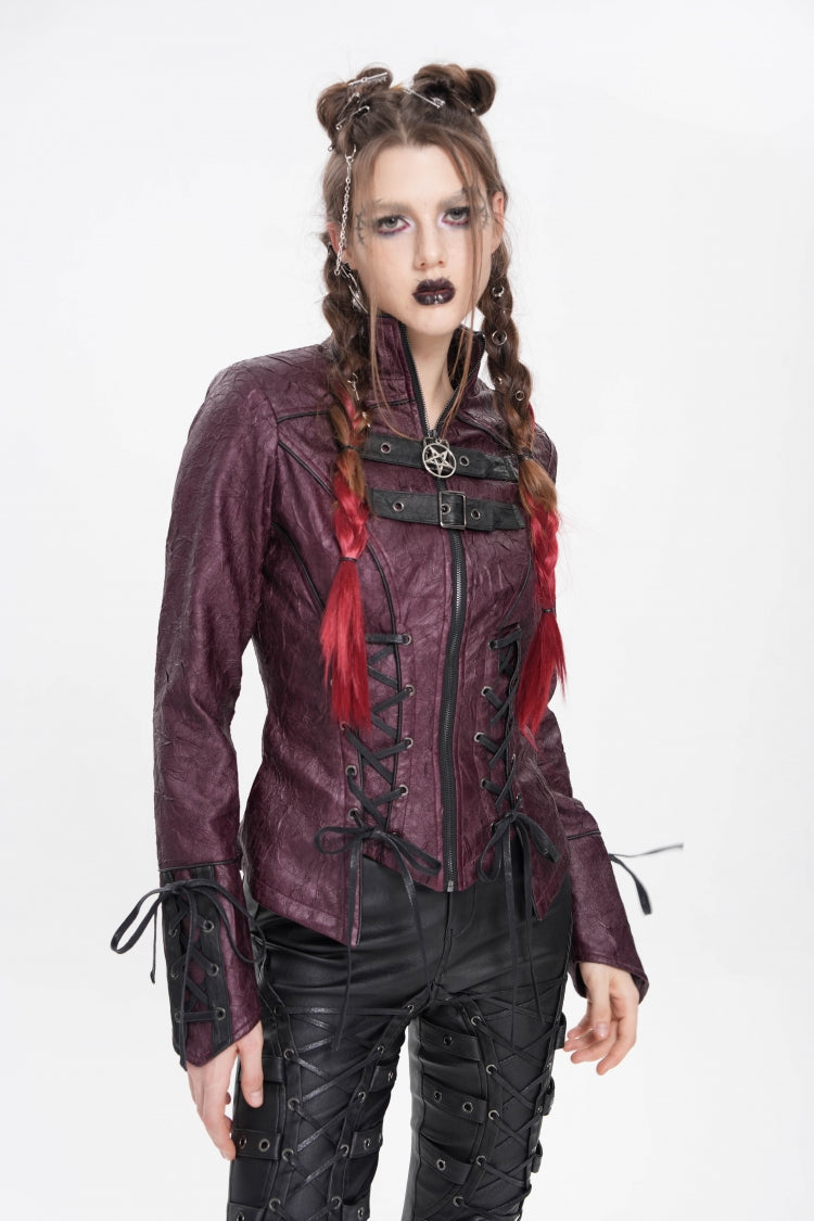 Burgundy Pentagram Buckle Punk Jacket
