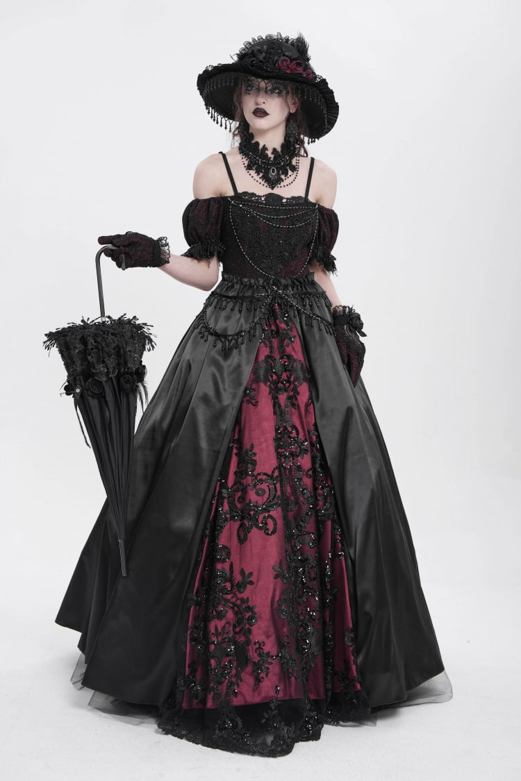 Crimson & Noir Off-Shoulder Embroidered Stitched Lace Gothic Dress