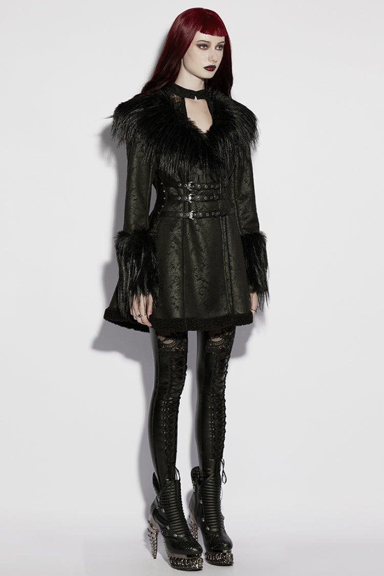 Buckle-Strap Gothic Coat with Plush Lapel - Gothic Edge