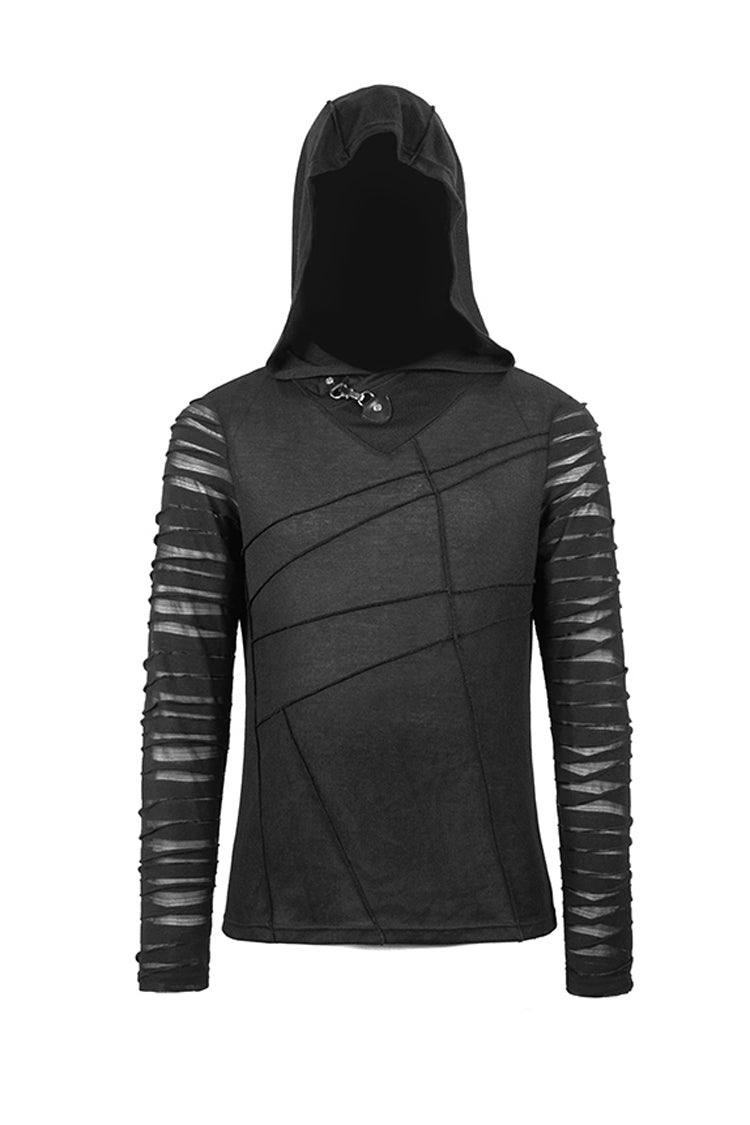 Men's Punk T-Shirt with Hood and Metal Button Striped Patchwork