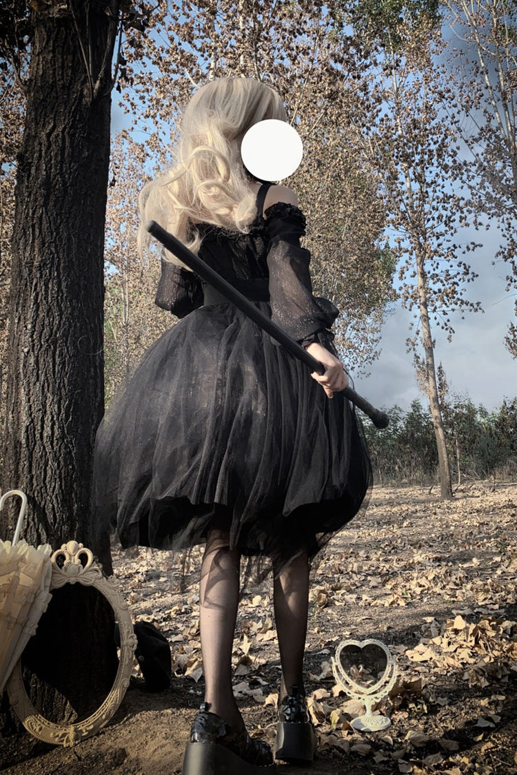 Gothic Plus-Size Lace Dress with Ruffle Bow Accents and Stitching, Long Sleeve