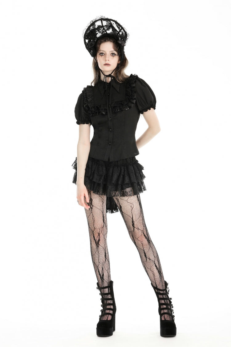 Ruffled Gothic Blouse with Puff Sleeves and Collar - Gothic Edge