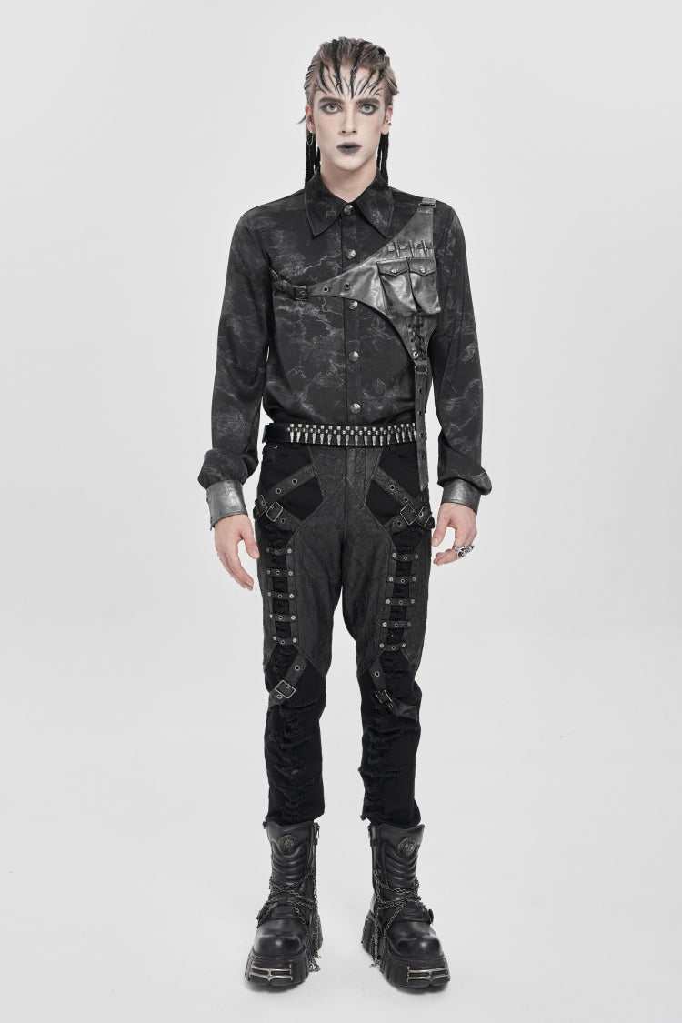 Punk Asymmetric Blouse with Print Stitching and Bullet Detail, Long Sleeve