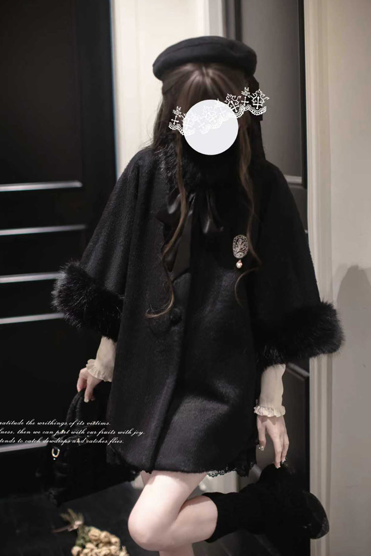 Japanese Lolita Fluffy Cloak Coat with Lace and Extended Sleeves