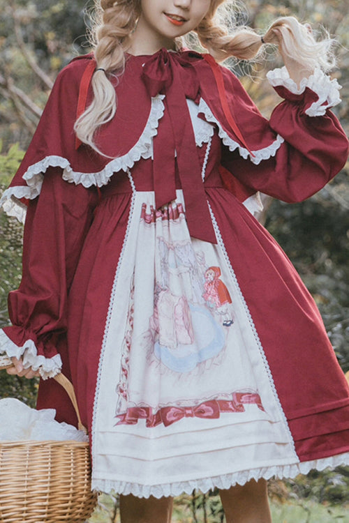 Crimson High-Waist JSK with Hooded Cape and Bow Accents