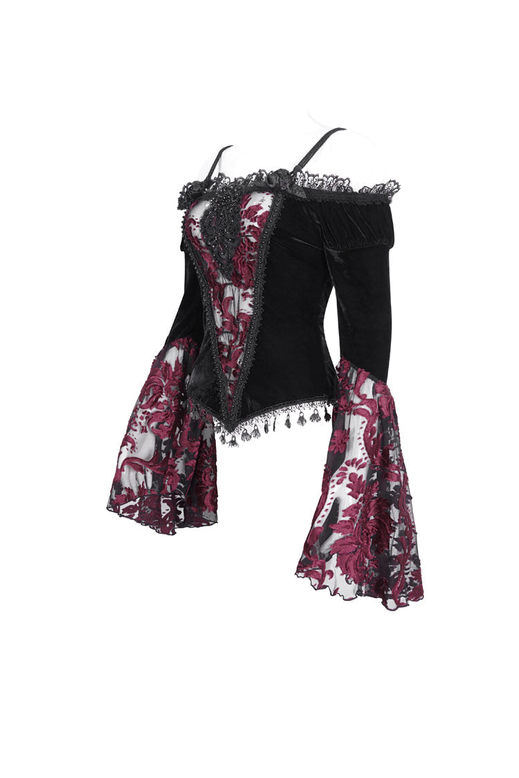 Crimson & Noir Off-Shoulder Flared Sleeve Embroidered Lace Gothic Top
