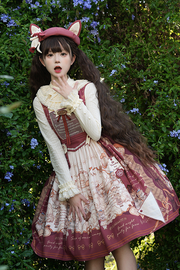 Burgundy Fox Band Print Square Collar Bow Classic Lolita Jumper Dress