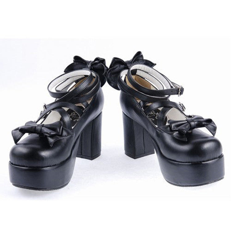 Lolita Bow Cross Strap Shoes in Black Synthetic Leather