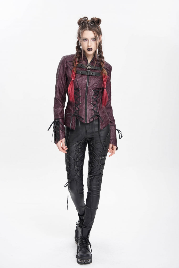Burgundy Pentagram Buckle Punk Jacket