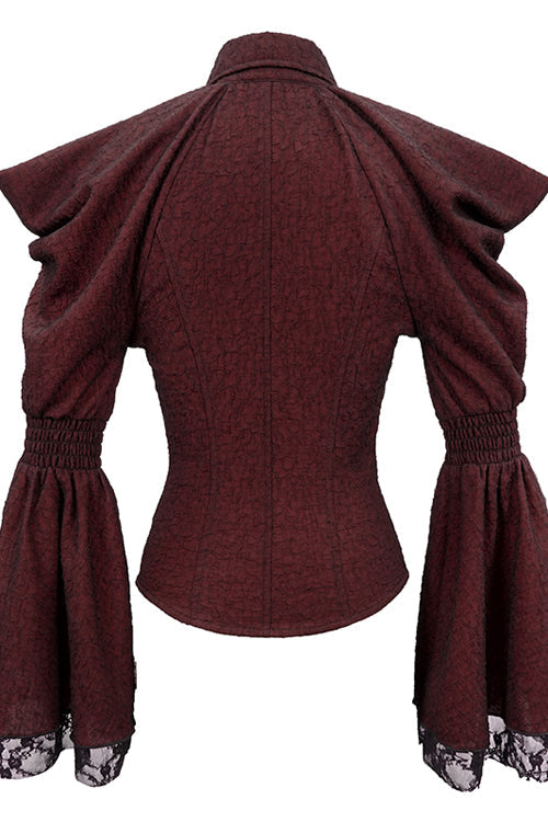 Crimson Gothic Bardot Blouse with Flared Cuffs