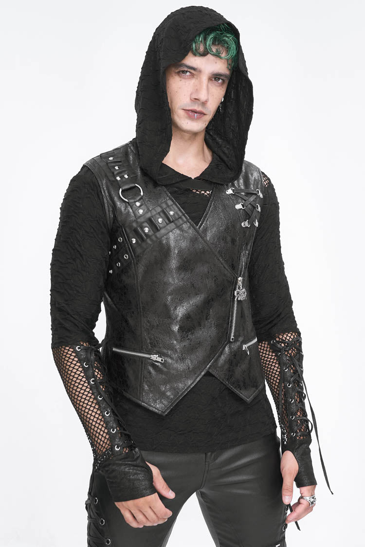 Men's Punk Faux Leather Vest with Zippers - Noir