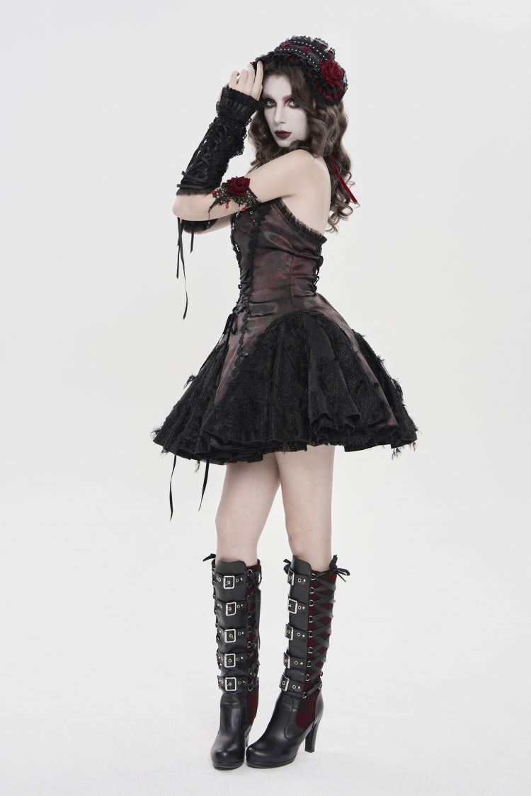 Crimson & Noir Off-Shoulder Strapless Lace-Up Pleated Gothic Gown with Embroidered Trim