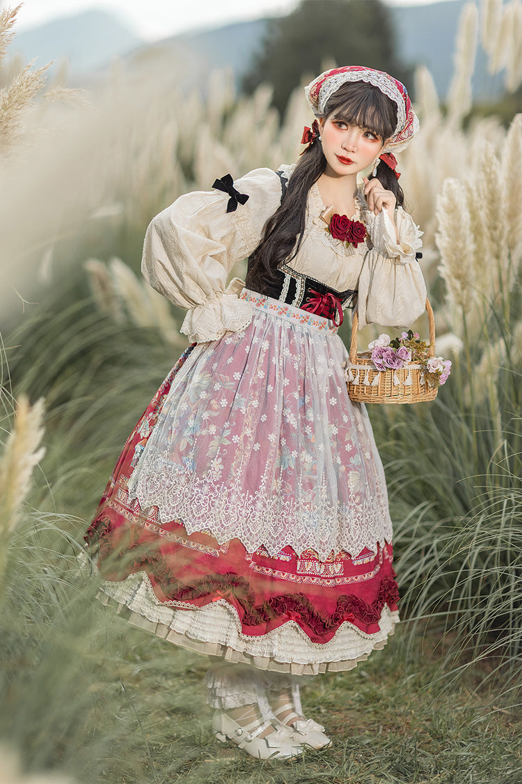 Burgundy Berries and Birds Print Ruffle Bow Velvet Classic Lolita Corset JSK Dress