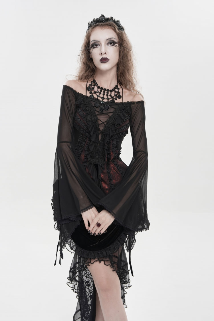 Crimson & Noir Off-Shoulder Long Bell Sleeve Ruffled Embroidered Lace-Up Gothic Blouse
