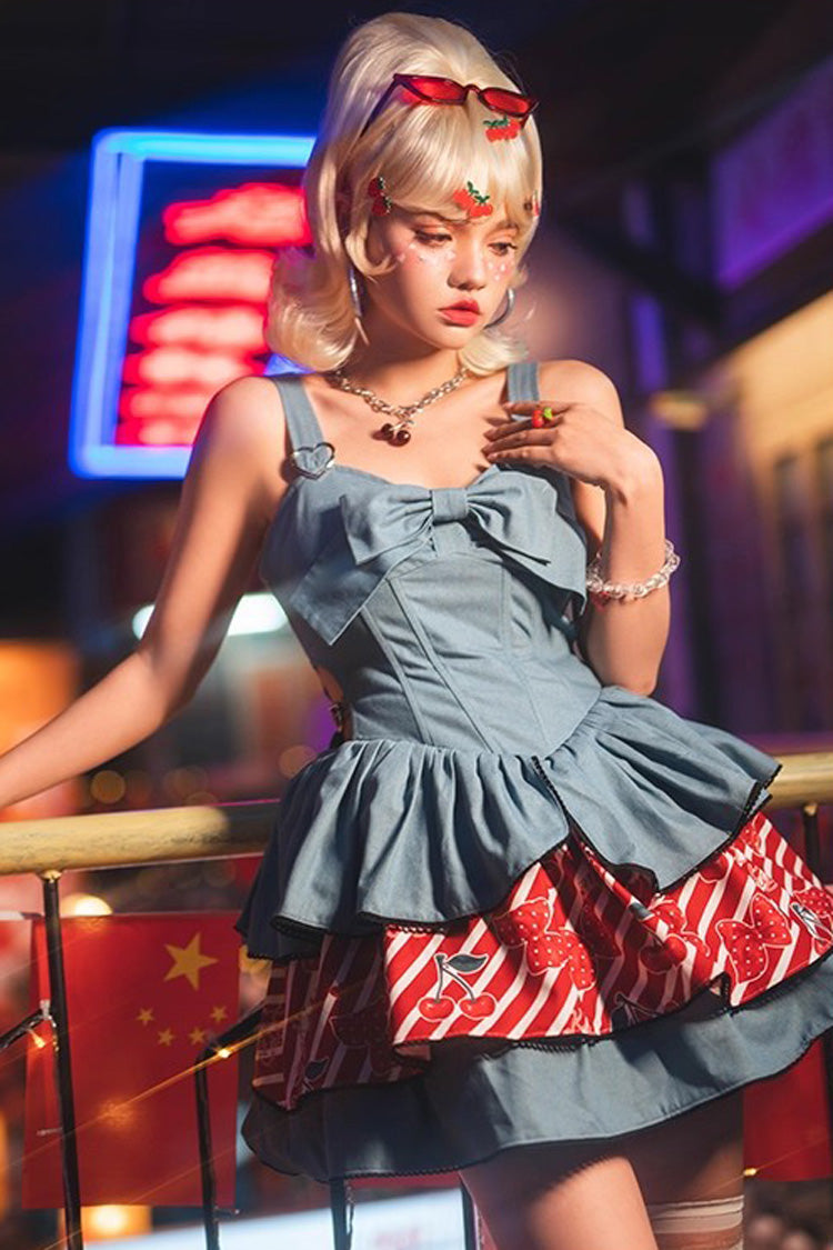 Denim JSK with Triple Ruffles and Bowknot, Vintage Japanese Style - Cherry