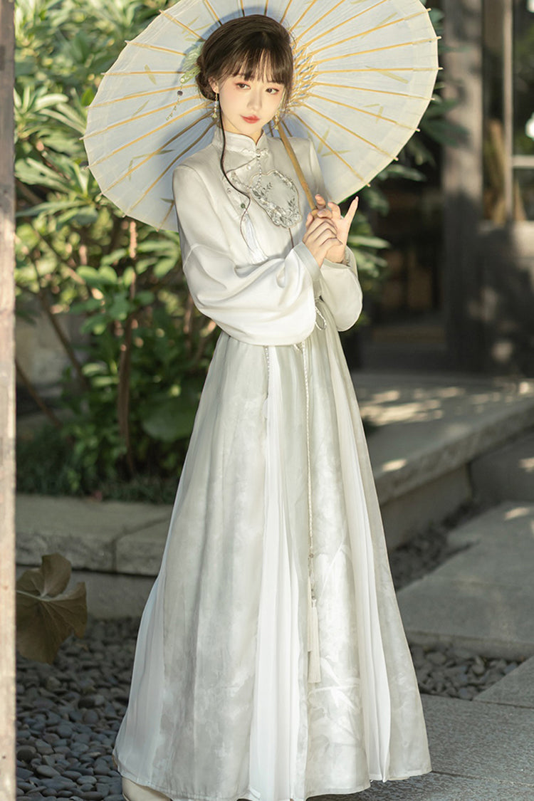 Emerald High-Waist Embroidered Mandarin Collar Puff Sleeve Hanfu Blouse and Skirt Set