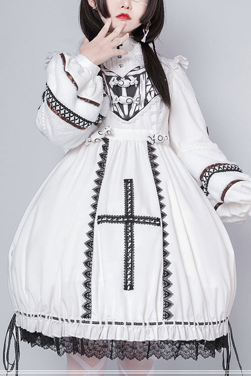 Gothic Lolita OP Dress with Detachable Hat, High Neck, Woolen Cuffs, Demon Rabbit