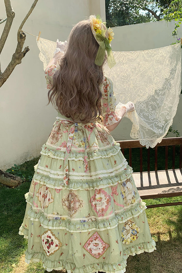 Emerald Cat Rose Tea Short Sleeve Printed Ruffle Cardigan Bow Sweet Lolita Gown