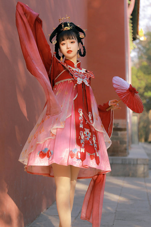 Scarlet Strawberry Print Hanfu Dress with Embroidered Shawl