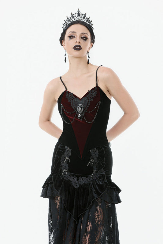 Burgundy and Black Color Block Jewel Chain Decor Lace-Up Gothic Velvet Overbust Corset
