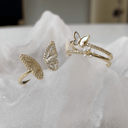 Elegant Butterfly Flower Open Ring Set