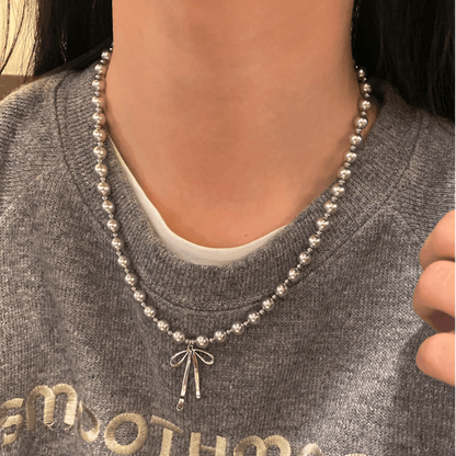 Elegant Bowknot Grey Pearl Chain Necklace