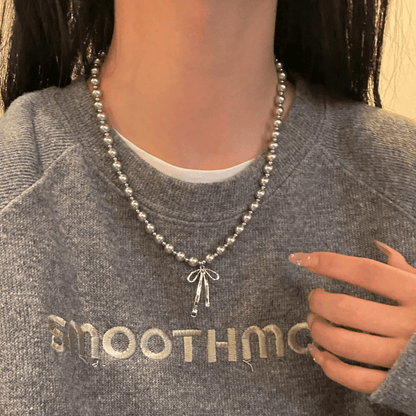 Elegant Bowknot Grey Pearl Chain Necklace