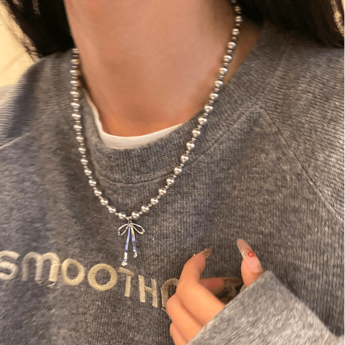 Elegant Bowknot Grey Pearl Chain Necklace