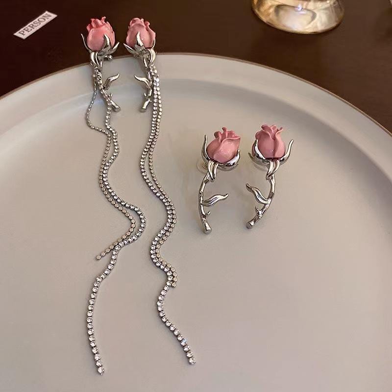 Elegant Enamel Rose Flower Box Tassel Ear Cuff Earrings