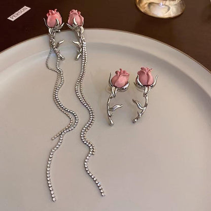 Elegant Enamel Rose Flower Box Tassel Ear Cuff Earrings