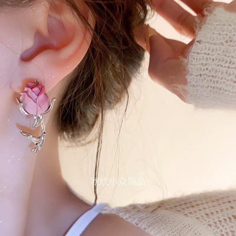 Elegant Enamel Rose Flower Box Tassel Ear Cuff Earrings