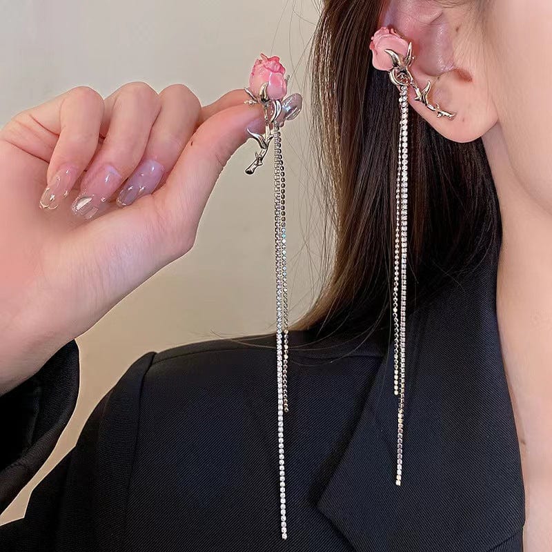 Elegant Enamel Rose Flower Box Tassel Ear Cuff Earrings