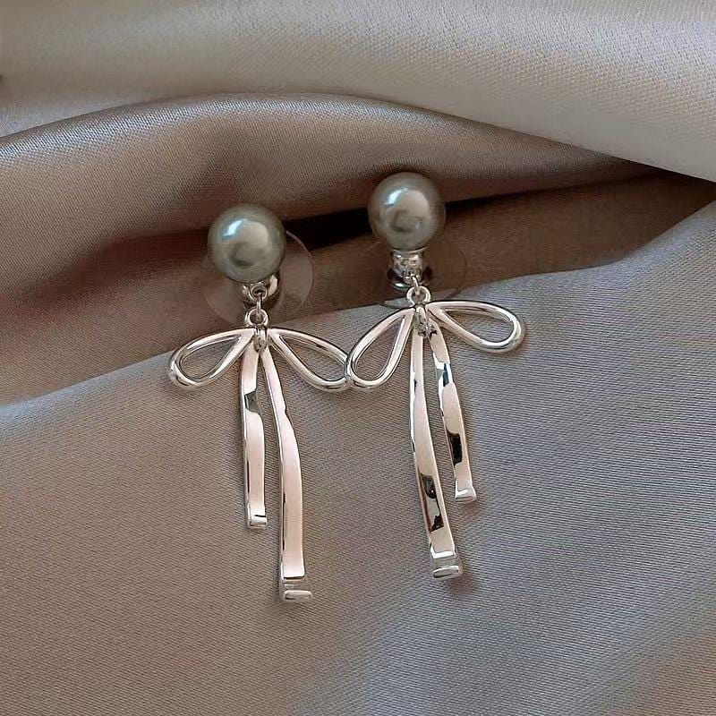 Elegant Pearl Bowknot Ribbon Dangle Removable Earrings