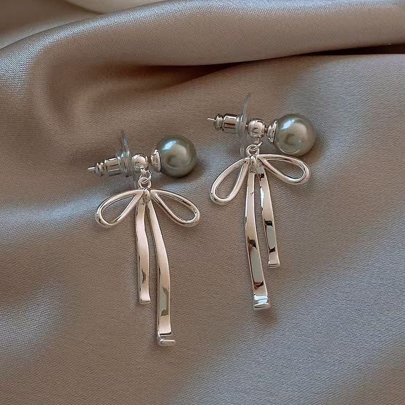 Elegant Pearl Bowknot Ribbon Dangle Removable Earrings