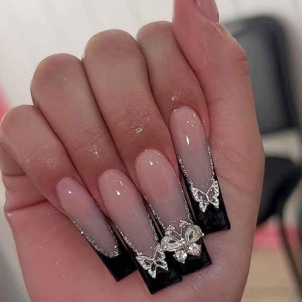 Extra long square press on nails - bows - charms - false nails - hearts - kawaii